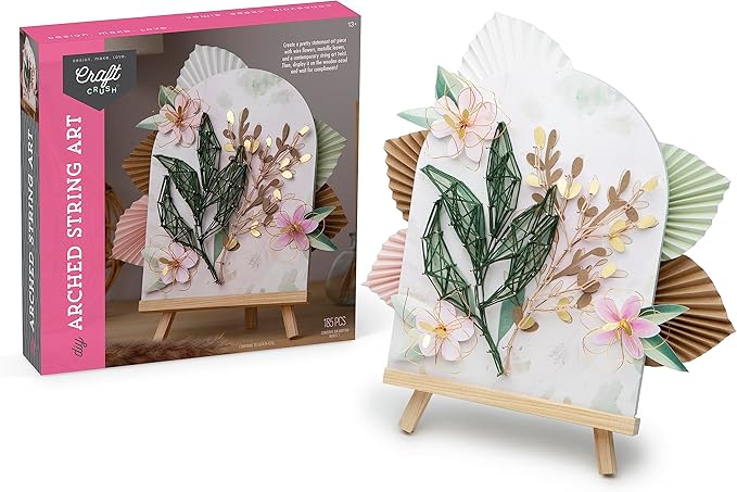 Craft Crush DIY String Art Craft Kit - Floral Interior Design DIY Activity for Teens & Adults - Complete String Art Kit with Embroidery Thread, Foam Canvas, Metal Pins, Wooden Easel - Ages 13+