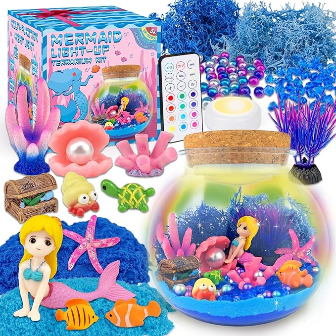 Mermaid Terrarium Craft Kit for Kids - LED Night Light Up & Remote Mermaid Birthday Gifts Toys for Girls Age 5 6 7 8 9 10 11 12 Year Old