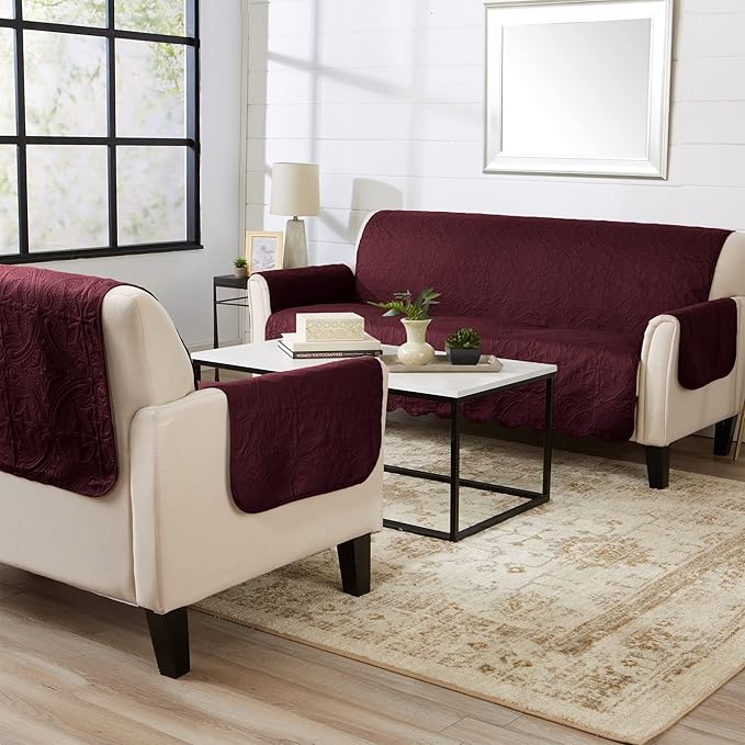 Medallion Stitched Solid Furniture Protector Stain Resistant Durable Furniture Protector Elenor Collection (Loveseat, Wine/Light Grey)