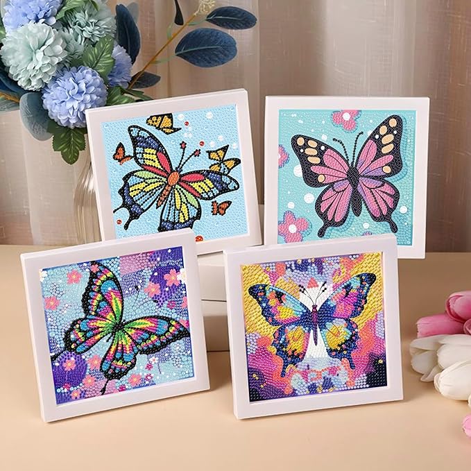 Reivworl 4 Packs Diamond Art Kits for Kids, Butterfly Diamond Art for Kids Ages 8-12, Butterfly Diamond Painting Kits for Kids for Home Wall Decor 6x6 Inch