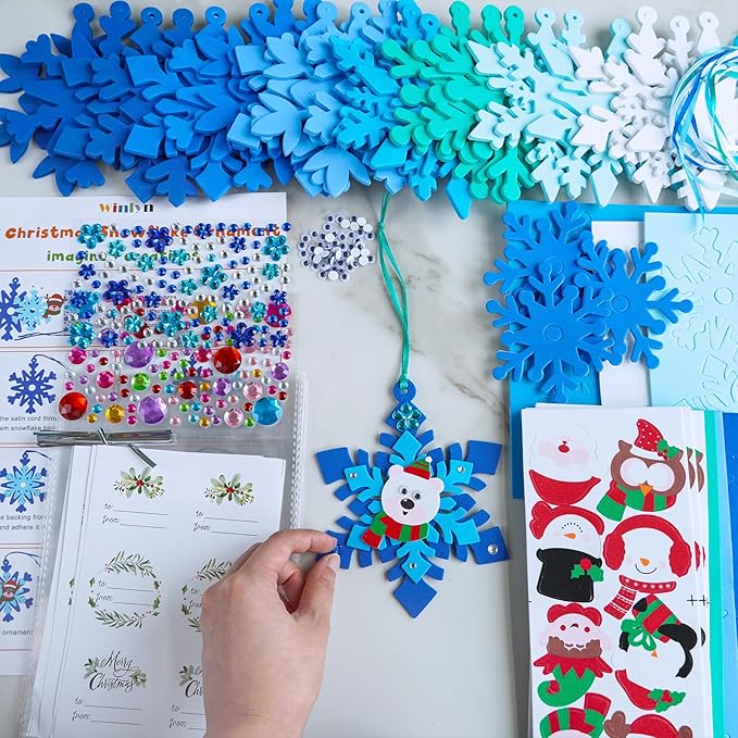 Winlyn 24 Sets Christmas Craft Kits Winter Crafts DIY Christmas Snowflake Ornaments Decorations Art Sets Foam Snowman Santa Owl Christmas Stickers for Kids Holiday Classroom Activities Party Favors