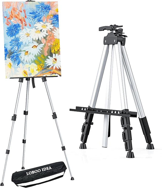Portable Artist Easel Stand, Art Drawing Easels for Painting Canvas Wedding Signs & Display，Adjustable Height Painting Easel with Bag, Height from 17" to 60",Silver