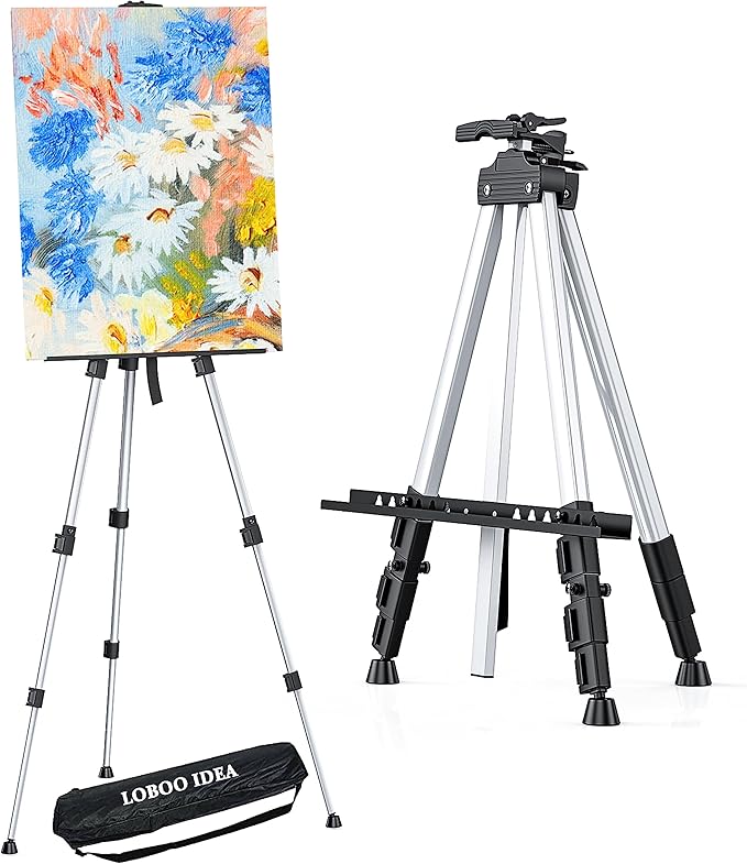 Portable Artist Easel Stand, Art Drawing Easels for Painting Canvas Wedding Signs & Display，Adjustable Height Painting Easel with Bag, Height from 17" to 60",Silver