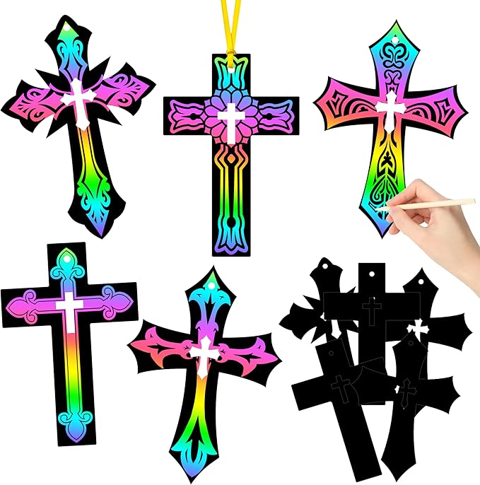 BeYumi 90Pcs Scratch Cross Ornaments DIY Magic Rainbow Color Scratch Cards Paper Art Party Favors Sunday School Classroom Decor Supplies Crafts Kit Religious Christian Birthday Gifts for Kids