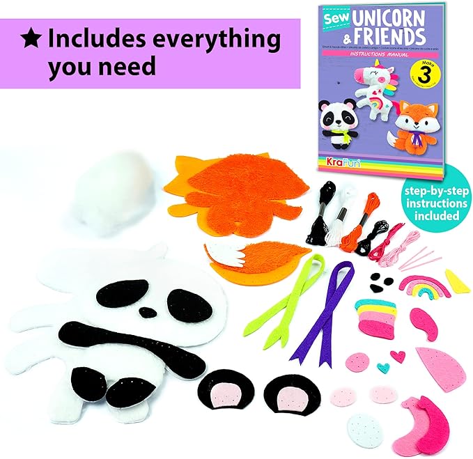 KRAFUN Unicorn Beginner Animal Sewing Kit for Kids Age 7-13 My First Art & Craft, Includes 3 Stuffed Animal Dolls Panda, Fox, Instructions & Plush Felt Materials for Learn to Sew, Embroidery