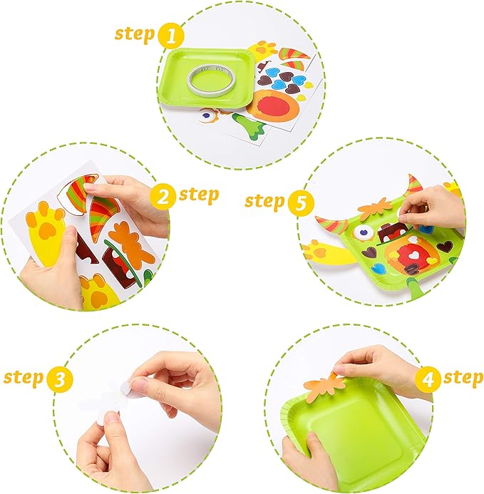 WATINC 9Pcs Monster Paper Plate Art Kits for Kids DIY Craft Sticker Card Preschool Family Games Educational Party Supplies Art Handmade Project Classroom Groups Activity Valentine's Day Decoration