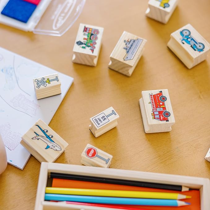 Melissa & Doug Wooden Stamp Set: Vehicles - 10 Stamps, 5 Colored Pencils, 2-Color Stamp Pad