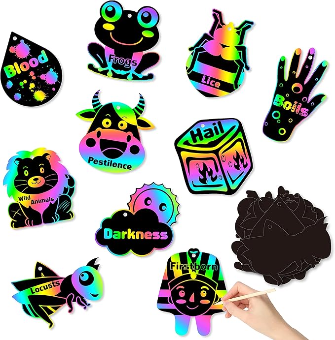 WATINC 60pcs Passover Scratch Paper Art Kit with 10 Plague for Kids, Magic Color Scratch Off Cards Craft DIY Animals Drawing Notebook, Classroom School Birthday Party Favor Hanging Decoration
