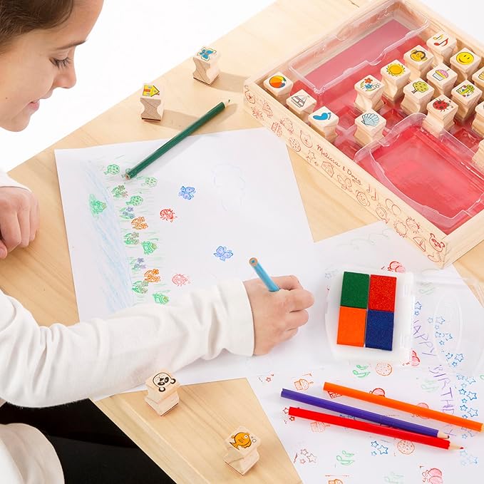 Melissa & Doug Wooden Stamp Set, Favorite Things - 26 Wooden Stamps, 4-Color Stamp Pad Kids Art Projects, Stamps With Washable Ink, For Kids Ages 4+