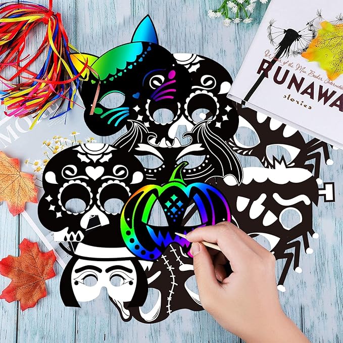 Natonhi 32Pcs Halloween Crafts for Kids Rainbow Scratch Mask, Halloween Games Scratch Art and Craft Kit Halloween Classroom Activities Favors Party Supplies