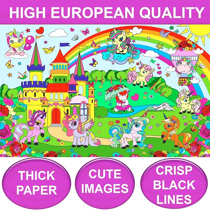 Unicorn Coloring Poster with Markers - Giant Coloring Posters for Kids Birthday Party - Large Coloring Sheets Jumbo Size - Arts and Crafts for Girls Activity - Huge Big Pages to Color on Floor Table