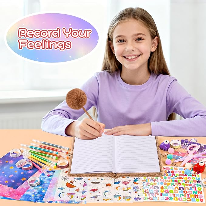 LiYiQ Plush Raccoon Diary Gift for Girls Kids Travel Journal Secret Diary with Scrapbook Paper Stickers Journal Stencils Pompom Pen and Washi Tape Practical Set Gift for Birthday Christma