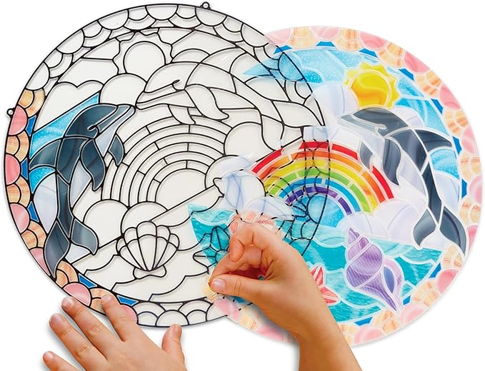 Melissa & Doug Stained Glass Made Easy Craft Kit: Dolphins - 180+ Stickers , Ocean Animals Crafts For Kids Ages 5+