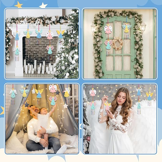 Fennoral 9 Pack Angel Wind Chime Kits for Kids Make You Own Angel Wind Chimes DIY Wooden Crafts to Paint for Art Activities Christmas Tree Hanging Ornaments Christmas Decoration