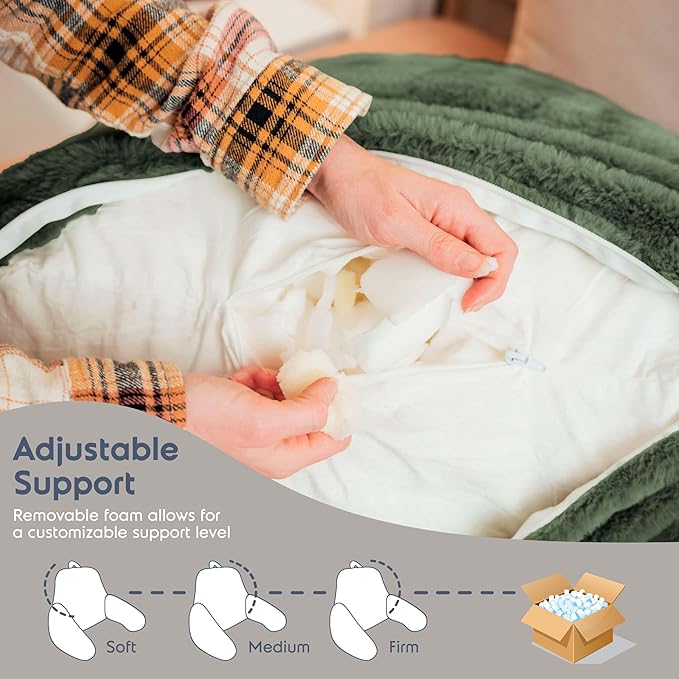 Nestl Fur Reading Pillow, Stylish Back Pillow for Bed Sitting Up, Faux Fur Bed Chair Pillow with Arms, Reading Pillows for Sitting in Bed Adult & Kids, Back Support Pillow for Bed Rest - Olive Green