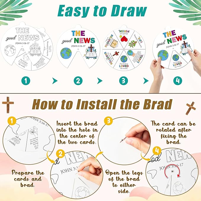 COcnny Religious Christian Craft Activities - 24 Sets John 3:16 Coloring Crafts for Kids, Color Your Own Bible Wheel Cards, DIY Jesus Biblical The Good News Art Paper Game for Sunday School Class Home