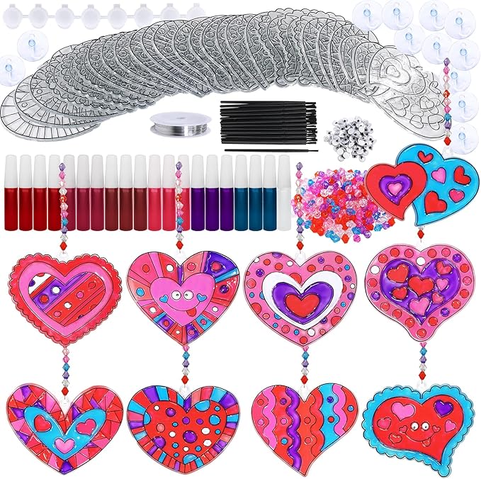 Winlyn 27 Sets Heart Suncatchers Ornaments Decoration DIY Window Paint Art Stickers Craft Kit Heart Sun Catchers for Kids Mother's Day Gift Valentine's Day Classroom Art Project Party Favors