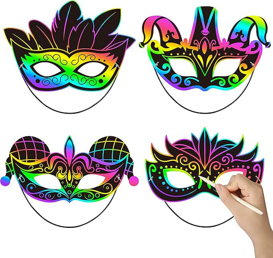 WATINC 24pcs Mardi Gras Scratch Masks for Kids, Carnival Prom Art Craft Kit, Masquerade Party DIY Magic Color Paper Mask, Costumes Dress Up Scratch Off Cards Supplies