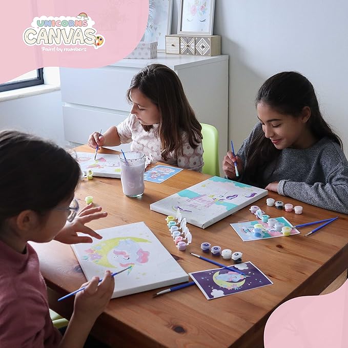 BONNYCO Paint by Numbers Kit for Kids Unicorns Pack 3 Canvas Paint by Number Canvas Framed Unicorn Gifts for Girls Arts and Crafts Kids Paint by Number Kits, Pre Drawn Canvas for Painting for Kids