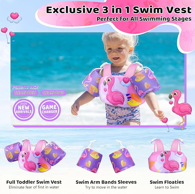 Vvinca Separable Toddler Swim Vest Fit 22-66 Lbs（1-6 Years）|2025 Newest 3 in 1 Pool Float & Arm Bands Boys and Girls, Adjustable Sturdy Safety for Infant 1 2 3 4 5 6 Year