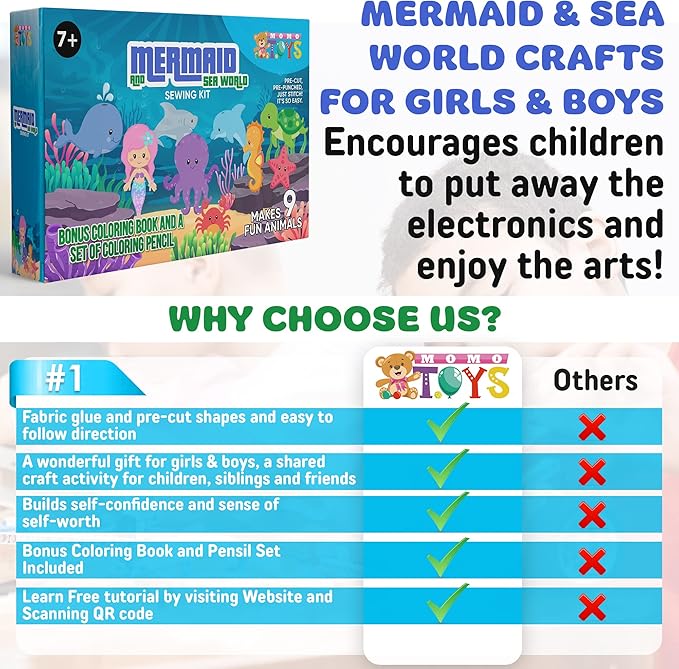 MOMOTOYS Kids Sewing Kit for Kids, Fun & Educational Mermaid and Sealife Sew Craft Set for Boys and Girls Ages 8-12, Complete Beginner Sewing Kit with Felt Plushie for Creative DIY Projects
