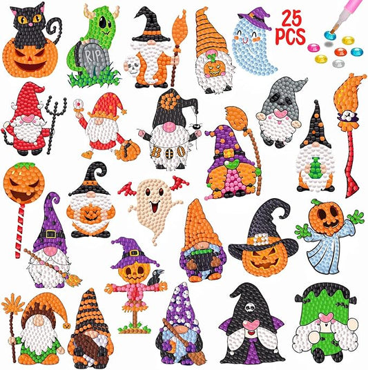 MEIEST 25 PCS Halloween Diamond Art Painting Stickers Kits,Diamond Mosaic Stickers by Numbers Crafts Set for Kids,Creative Handmade Art Craft GIF