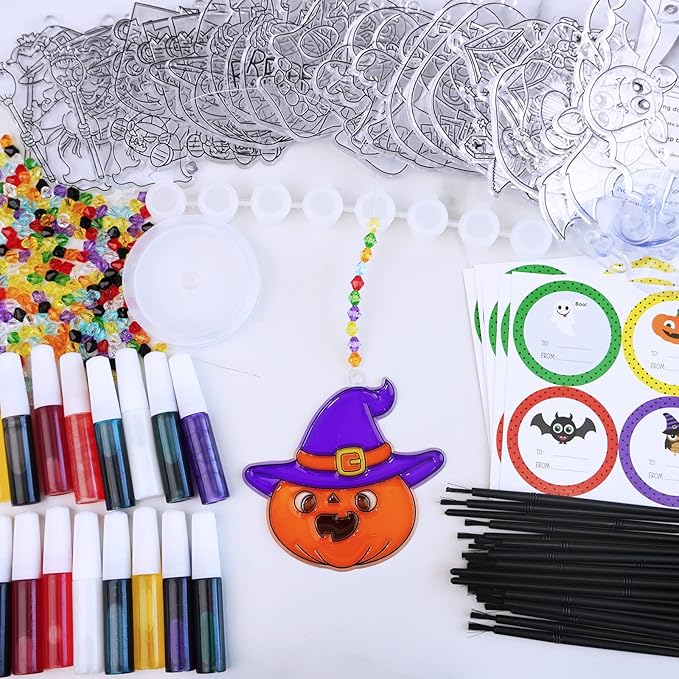 Winlyn 27 Sets Halloween Suncatchers Ornaments Decorations DIY Window Paint Art Suncatchers Halloween Craft Kits Jack-O'-Lantern Bat Ghost Skull Sun Catchers for Kids Classroom Activities Art Project