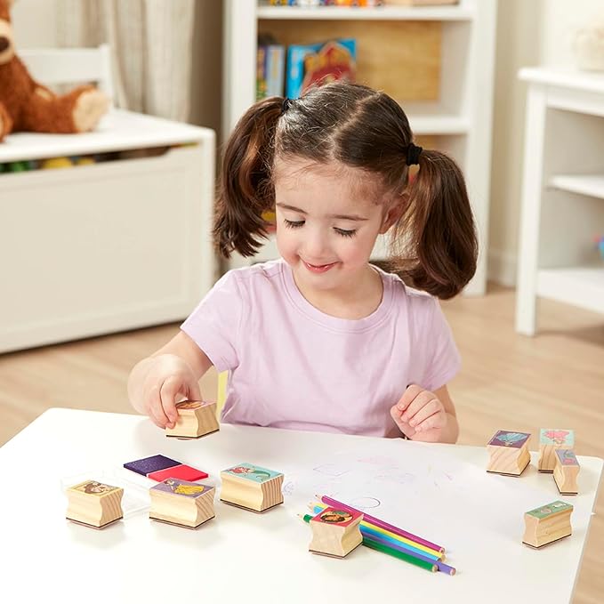 Melissa & Doug Disney Princess Wooden Stamp Set: 9 Stamps, 5 Colored Pencils, and 2-Color Stamp Pad Disney Princess Coloring, Stamps With Washable Ink, For Kids Ages 4+