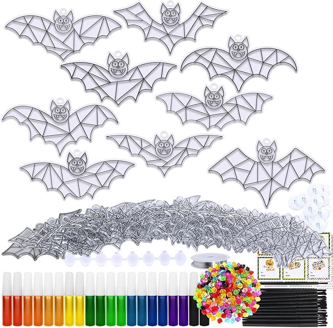 Winlyn 27 Sets Halloween Bat Suncatchers Ornaments Decorations DIY Window Paint Art Suncatchers Halloween Craft Kits Suncatchers Painting Kits for Kids Fall Halloween Classroom Activities Art Projects
