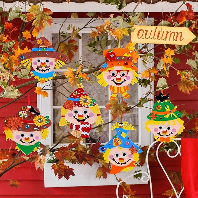 Winlyn 24 Sets Fall Craft Kits for Kids Autumn Crafts DIY Scarecrow Ornaments Fall Decorations Individual Craft Kits Thanksgiving Foam Stickers Arts and Crafts for Classroom Activities Party Favors