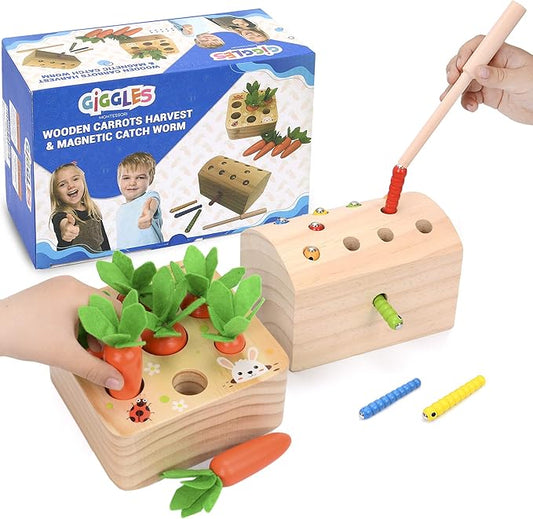 Carrot Harvest - Wooden Educational Toys for Boys and Girls - Preschool Learning Gift - Toddlers Wood Game – Shape Sorting Toy - Worm Toy Playset - for Age 1 2 3 Year Old