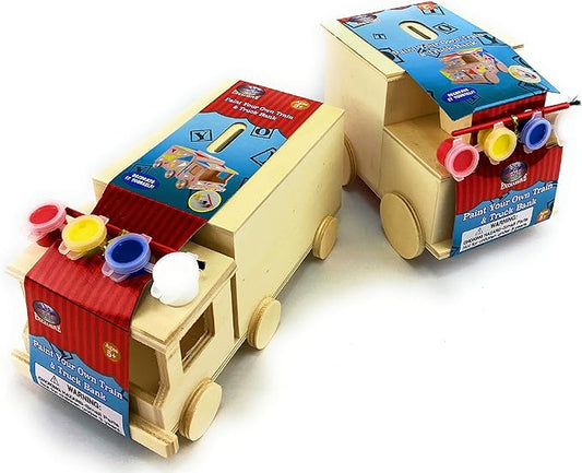 Mɑtty's Toy Stop Design & Paint Your Own Wooden Train & Truck Banks (Each Includes 4 Paints & 1 Brush) Gift Set Bundle - 2 Pack
