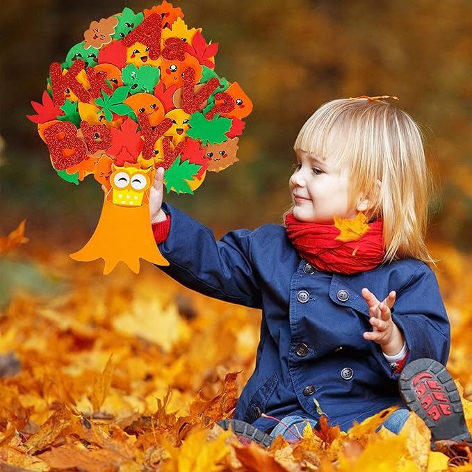 Winlyn 8 Sets Fall Crafts Kits Kids Fall Crafts Bulk Thanksgiving Crafts DIY Thankful Tree Art Sets Autumn Leaf Foam Stickers Pom-Poms Arts and Crafts for Kids Holiday School Classroom Activities