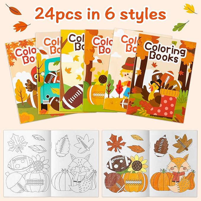 Dvbonike 24Pcs Fall Football Coloring Books Thanksgiving DIY Color-in Pages Maple Leaves Pumpkin Turkey Drawing Booklet Party Favors Gifts Home Classroom Art Activity Supplies for Kids Toddlers