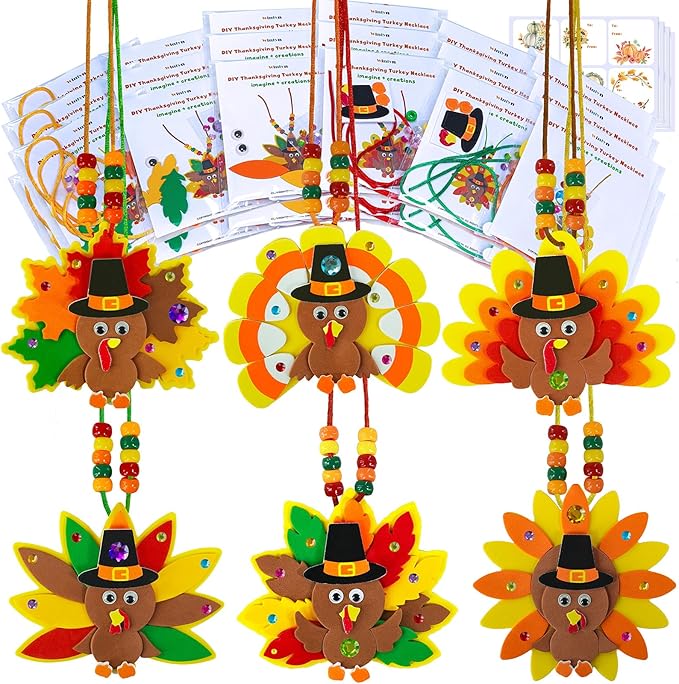 Winlyn 24 Sets Fall Craft Kits DIY Thanksgiving Turkey Necklaces Art Sets Autumn Maple Leaves Turkey Feathers Foam Thanksgiving Stickers for Kids Harvest Home Classroom Activities Party Favors