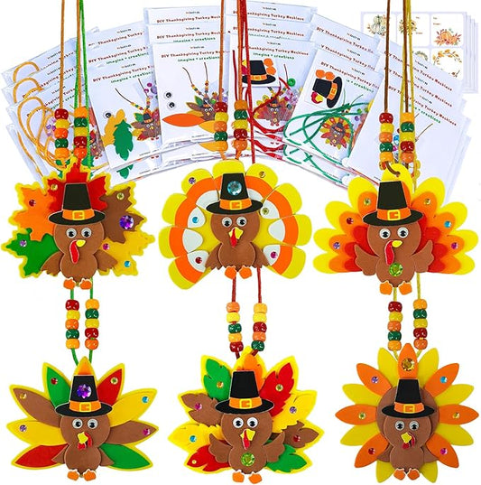 Winlyn 24 Sets Fall Craft Kits DIY Thanksgiving Turkey Necklaces Art Sets Autumn Maple Leaves Turkey Feathers Foam Thanksgiving Stickers for Kids Harvest Home Classroom Activities Party Favors