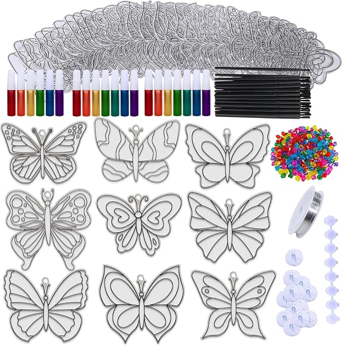 Winlyn 27 Sets Butterfly Suncatchers Ornaments Decorations DIY Window Paint Art Suncatchers Butterfly Suncatchers Painting Craft Kits for Kids Classroom Spring Easter Party Activities Art project