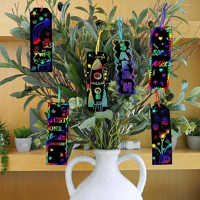 Winlyn 48 Sets 6 Styles Magic Color Scratch Bookmarks Making Craft Kits DIY Rainbow Scratch Paper Bookmarks with Scratching Tools Ribbons Art Sets for Kids Students Party Favors Classroom Activities