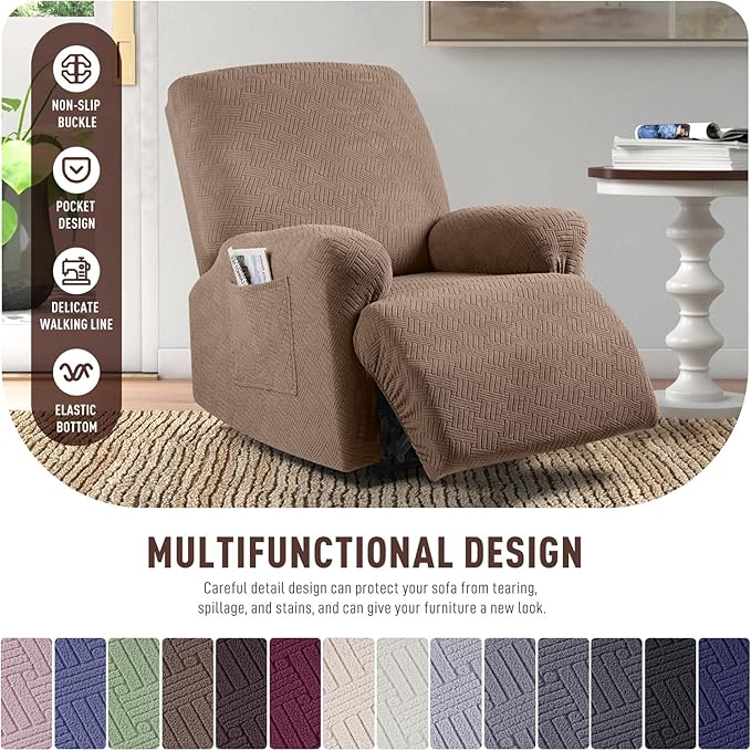 KinCam Oversized Recliner Chair Covers, Stretch Reclining Chair Covers for Large Recliner, Stripe Jacquard Recliner Covers Furniture Protector Covers with Elastic Bottom for Kids, Pets (Light Coffee)