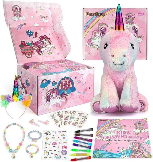 PERRYHOME Unicorn Toys for Girls Unicorn Gift Set with Unicorn Stuffed Animal, Unicorn Coloring Book, Unicorn Necklace & Bracelet, Unicorn Themed Girl Gift Toy Birthday Gift Nude Pink