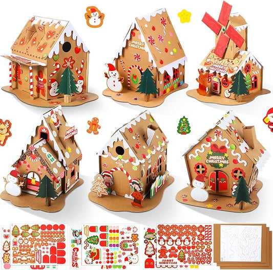 Yunsailing 6 Set Christmas Cardboard Gingerbread House Kit Christmas DIY Crafts Decorations Fun Xmas Holiday Home Party Gifts