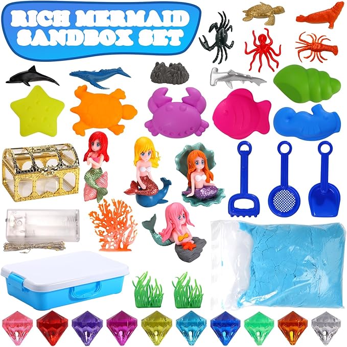 Mermaid Sensory Bin for Girl, Magic Sand Art Kit with LED Light, 2.2lbs Sensory Sand, Ocean Sea Animals, Sand Box with lid, Mermaid Toy Christmas Birthday Gift for Girls Ages 3 4 5 6 7 8…