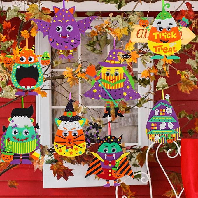 Winlyn 24 Sets Halloween Crafts Kits Fall Kids Crafts DIY Halloween Ornaments Decorations Art Sets Foam Monster Jack-o'-Lantern Stickers Googly Eyes for Kids Halloween Classroom Party Activities