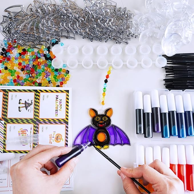 Winlyn 24 Sets Halloween Bat Suncatchers Ornaments DIY Window Paint Art Suncatchers Halloween Craft Kits Bat Suncatchers Painting Kits for Kids Classroom Activities Fall Halloween Party Art Projects