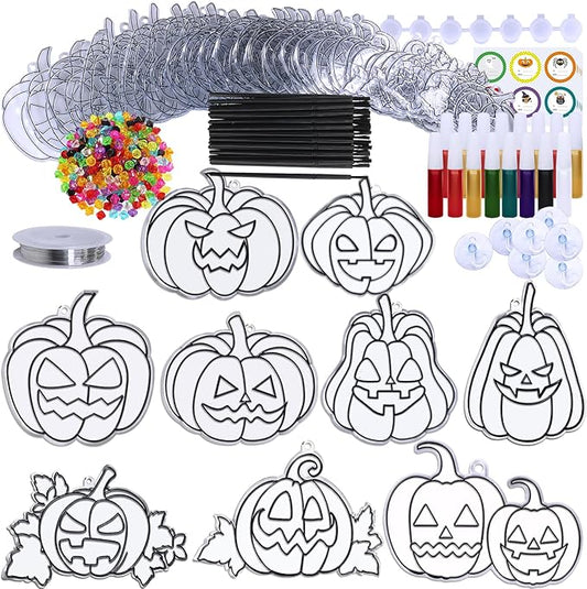 Winlyn 27 Sets Halloween Pumpkin Suncatchers Ornaments Decorations DIY Window Paint Art Suncatchers Craft Kits Jack-O'-Lantern Sun Catchers for Kids Classroom Activities Fall Halloween Art Project