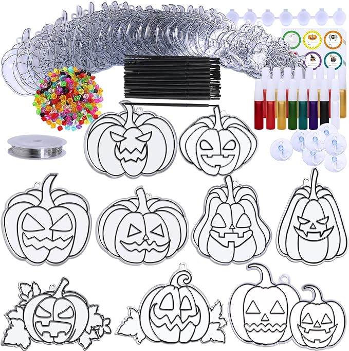 Winlyn 27 Sets Halloween Pumpkin Suncatchers Ornaments Decorations DIY Window Paint Art Suncatchers Craft Kits Jack-O'-Lantern Sun Catchers for Kids Classroom Activities Fall Halloween Art Project