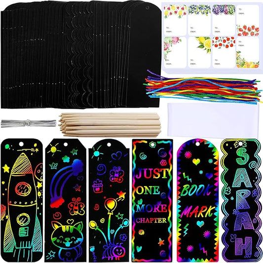 Winlyn 48 Sets 6 Styles Magic Color Scratch Bookmarks Making Craft Kits DIY Rainbow Scratch Paper Bookmarks with Scratching Tools Ribbons Art Sets for Kids Students Party Favors Classroom Activities