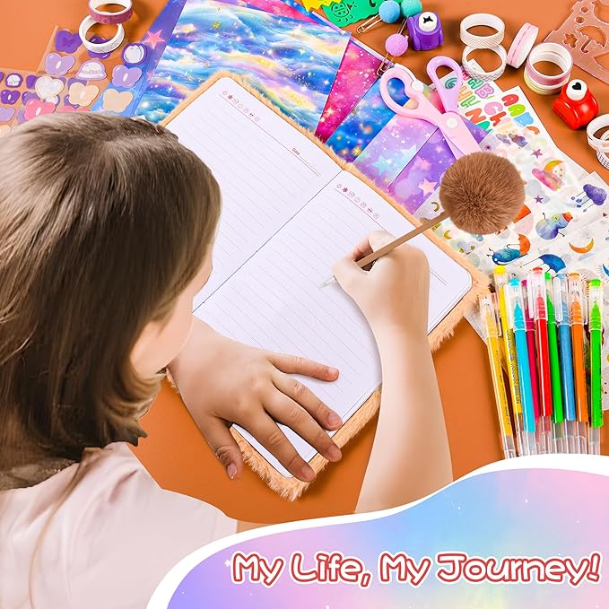 LiYiQ Plush Corgi Dog Diary Gift for Girls Kids Travel Journal Secret Diary with Scrapbook Paper Stickers Journal Stencils Pompom Pen and Washi Tape Practical Set Gift for Birthday Christma