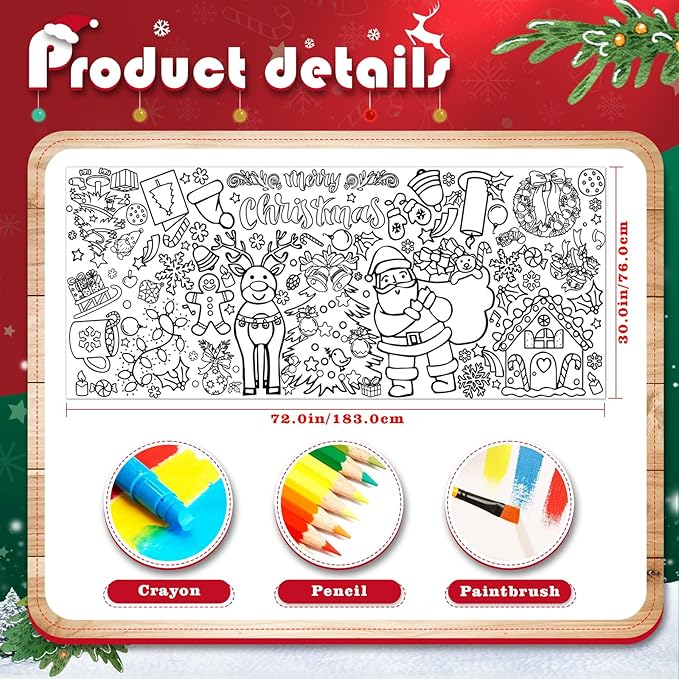 Tetor Christmas Giant Coloring Poster/Tablecloth-Christmas Crafts for Kids-30 x 72 Inches Jumbo Paper Coloring Banner Kids Gifts Activities Toys Party Decorations (Christmas)