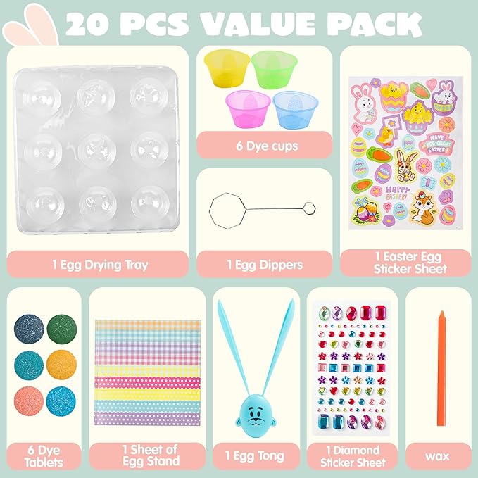 Klever Kits 20Pcs Easter Egg Dye Kit, DIY Easter Decorating Craft Kit with Egg Tray, Stands, Stickers for Kids Coloring Theme Creativity Activity, Home School Crafts